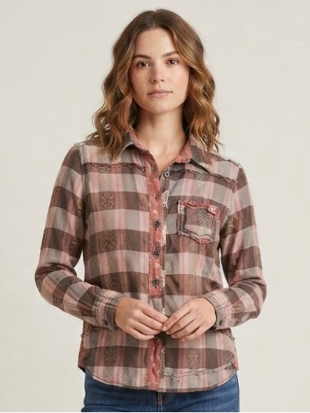 Free People We The Free Sz M South Western Cowboy Boho Plaid Button Down Shirt